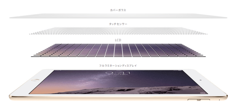 iPad Air 2 のフルラミネーションディスプレイの画像